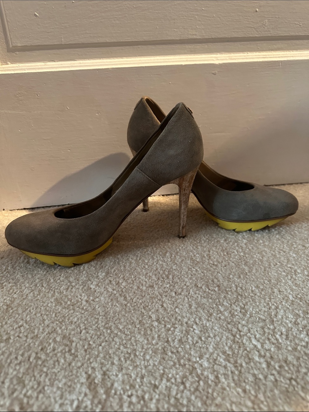 Gray Suede Stiletto Pumps with Yellow Platform Accent